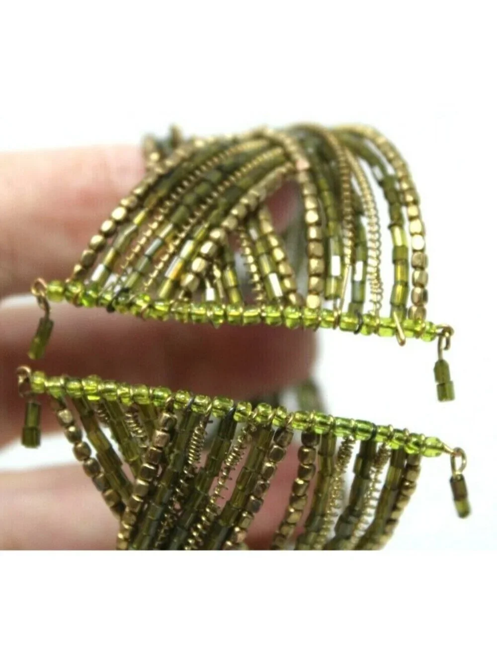Shades of Brown & Green Bead Braided Flexible Wide Cuff Bracelet 7 1/2" L #J-7WP - Picture 3 of 6